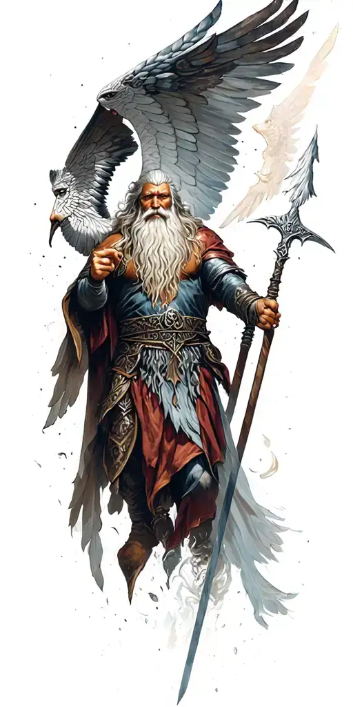 Norse god odin with valkyrie floating tattoo design idea