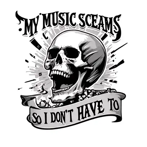 lettering that says " my music screams so I don't have to" with a screaming skull tattoo design idea