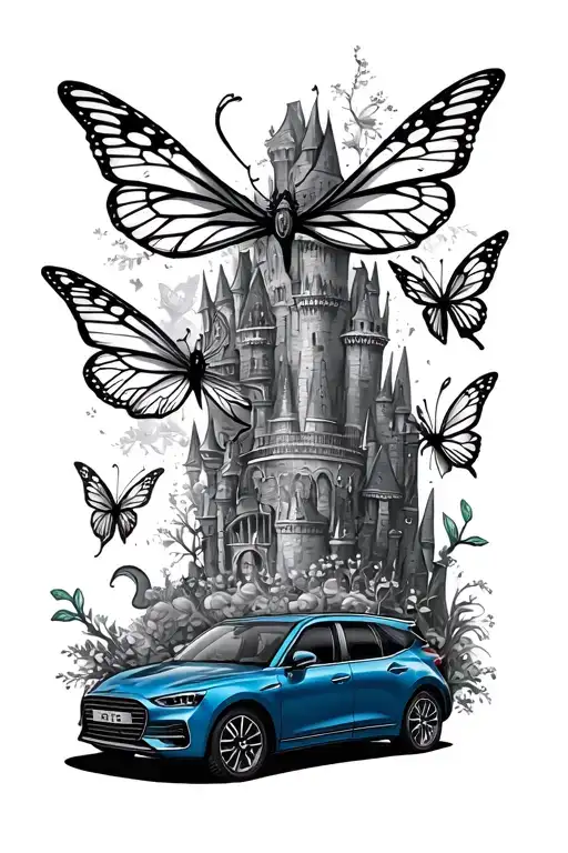 landscape of an enchanted kingdom containing fairies, butterflies and a blue escort car in the middle tattoo design idea