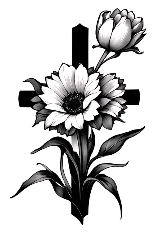 cross tulips sunflowers Lilly tattoo design idea