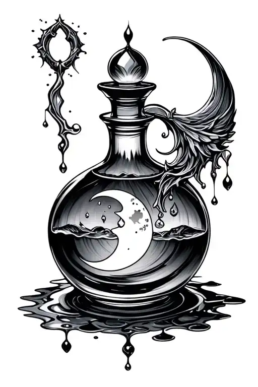 Black and grey decanter style potion bottle with a moon and liquid gothic style tattoo design idea