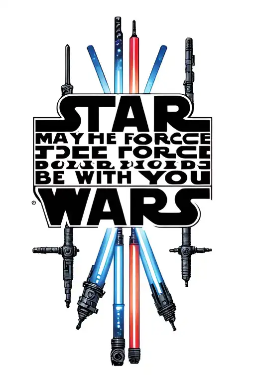 "May the Force Be With You" "May the Force Be With You" "Star Wars" A Star Wars lightsabers design with intricate and simple details surrounding tattoo design idea