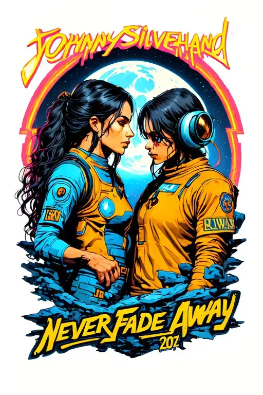Cyberpunk 2077, Johnny Silverhand, "Never Fade Away," Lucy and David on the Moon tattoo design idea