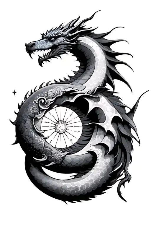 Libra, dragon, sun and moon, guiding star, tattoo design idea