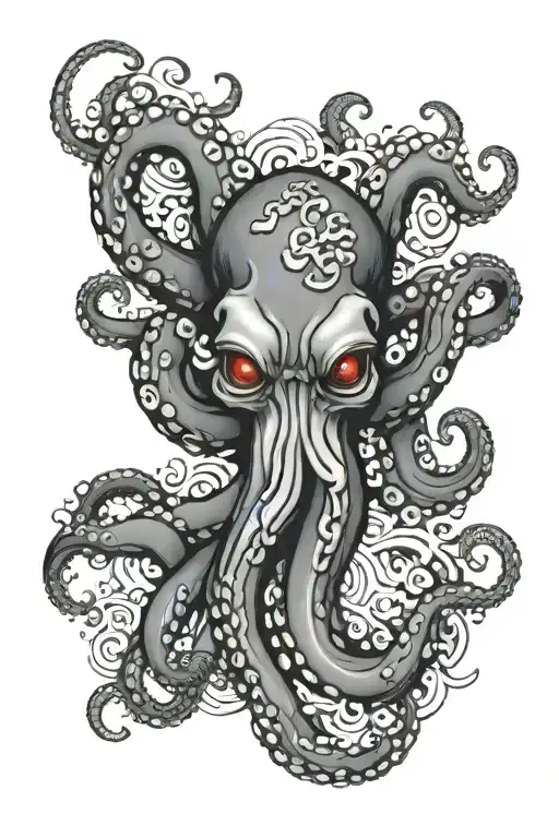 scary octopus tattoo design with japanese theme for full colored lower arm and background tattoo design idea