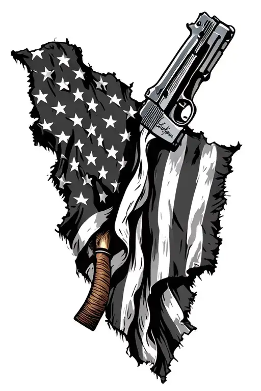 tattered American flag waving with pistol and 2nd amendment  writing  tattoo design idea