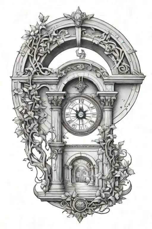 ancient roman arch monument with solar system space inside the arch, vines wrapping around the arch, and a compass tattoo design idea