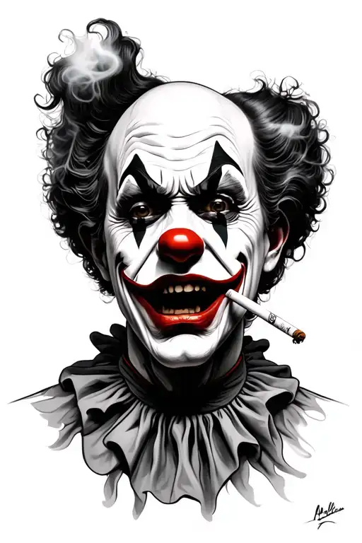 Portrait of sad clown smoking cigarette tattoo design idea