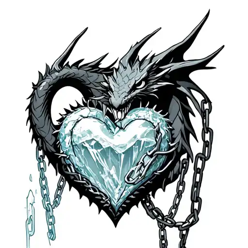 ice heart bounded by chains guarded by a dragon tattoo design idea