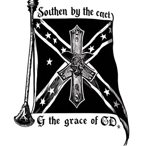 "Southern by the grace of GOD" confederate flag with a cross in front of it tattoo design idea