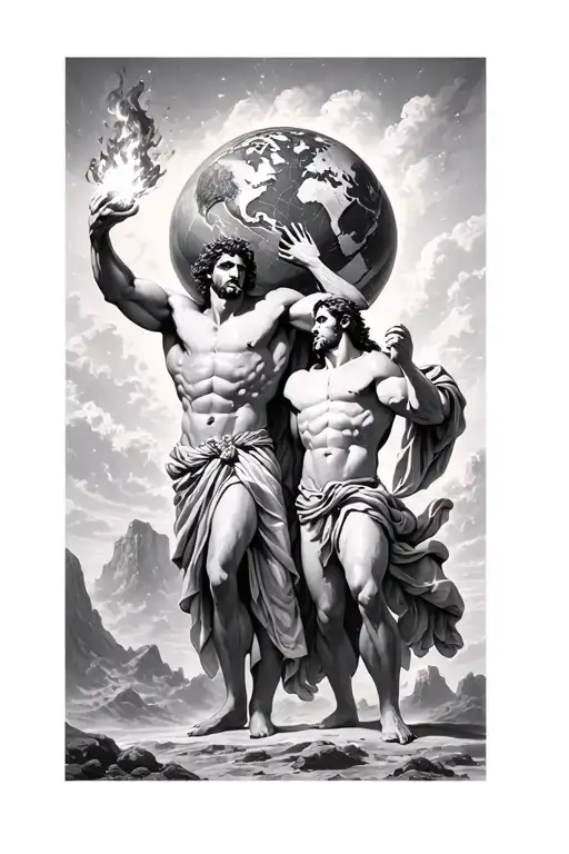Atlas holding the world up with prometheus next to him with fire in his hands after stealing it. have prometheus looking tattoo design idea