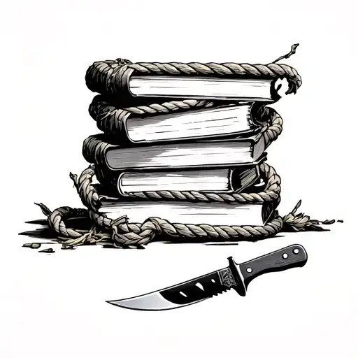 smut book stack bound in rope with knife, fantasy  tattoo design idea