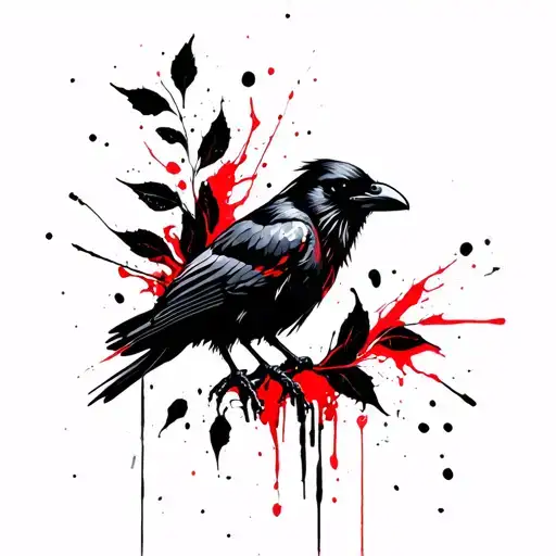 The crow surrounded by black wkiats and leaves tattoo design idea