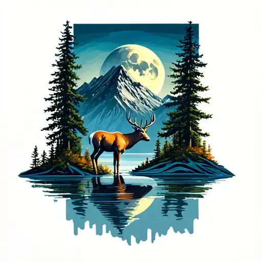 a fir forest, a deer, a moon, and water, a mountain tattoo design idea