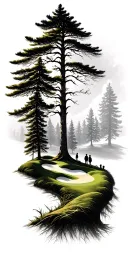 pine forest wrap around tree golf course family tattoo design idea