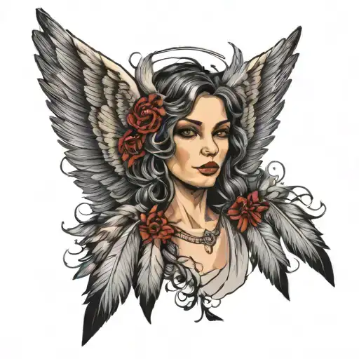 portrait and feathers falling angel wing tattoo design idea