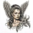 portrait and feathers falling angel wing tattoo design idea