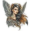 portrait and feathers falling angel wing tattoo design idea
