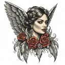 portrait and feathers falling angel wing tattoo design idea