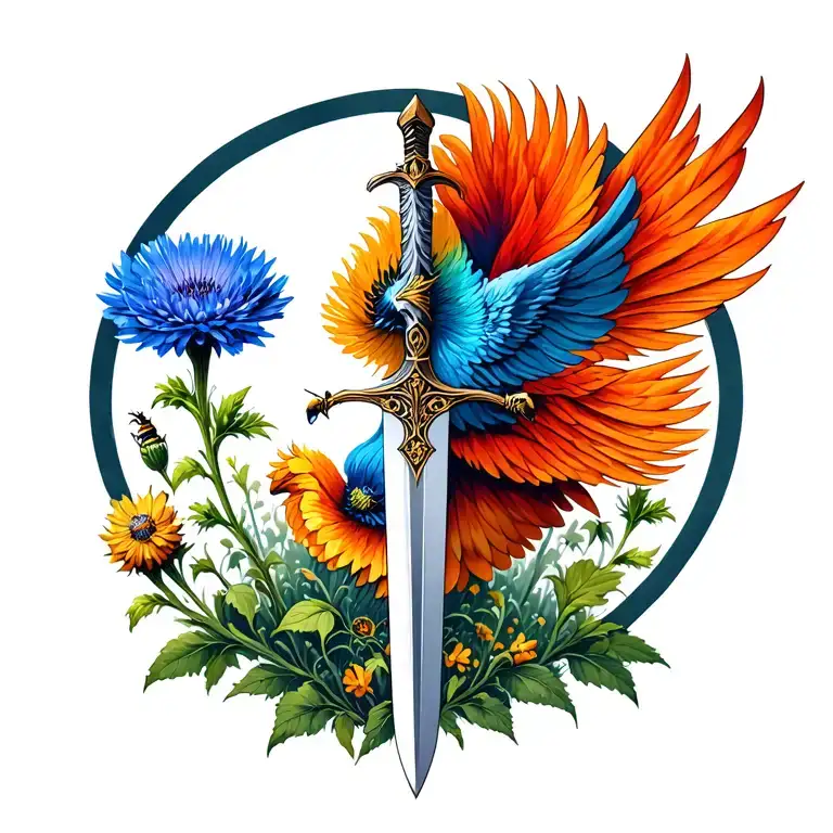 Löwin, poppy seeds, cornflower, self -esteem, love, bee, sword, fighter, phoenix, forest tattoo design idea