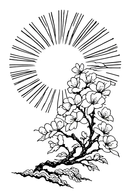 japanese cherry blossom, sun with rays, japanese swirly clouds tattoo design idea