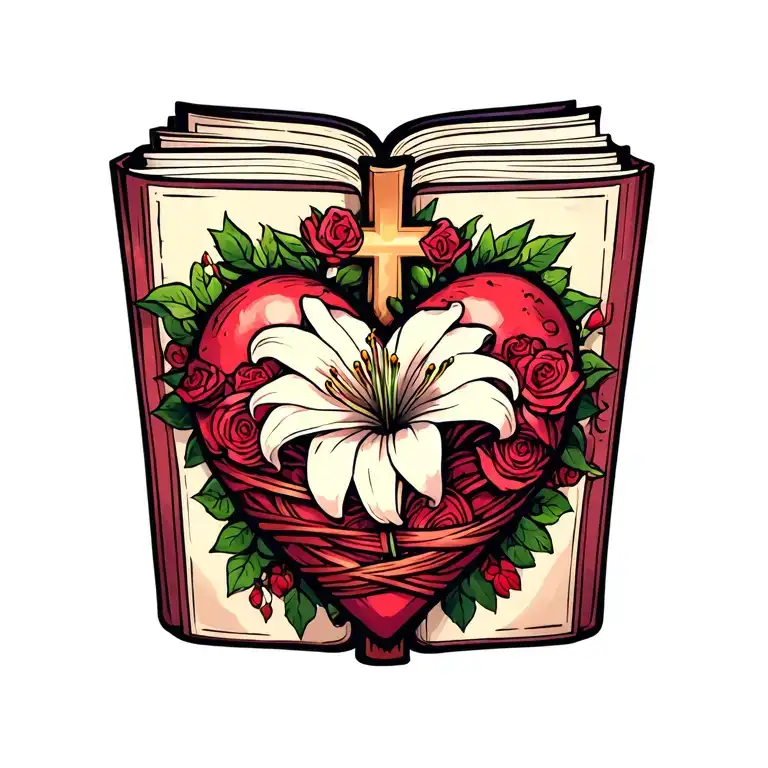 cartoon book wi a heart, a cross with rosarie wrapped and sartgazer lily tattoo design idea