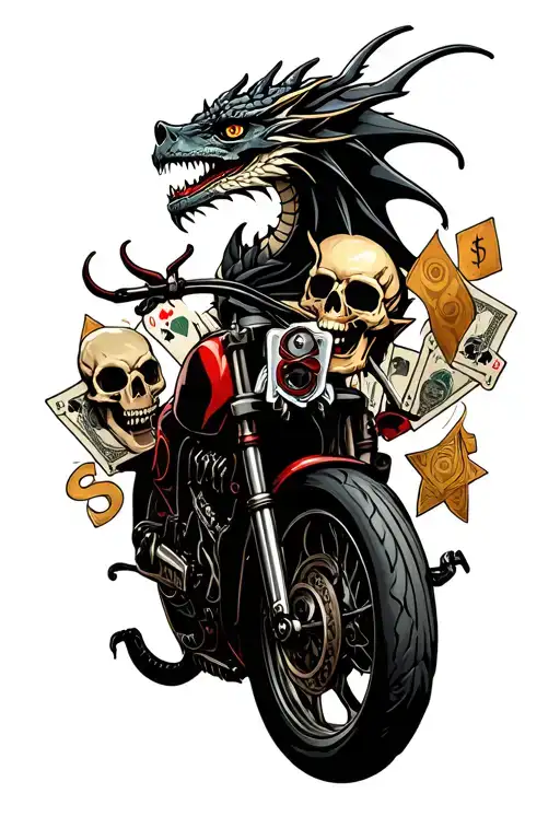 I would like gothic stars with a dragon and skulls, dollars around, casino, poker cards and a sports bike tattoo design idea