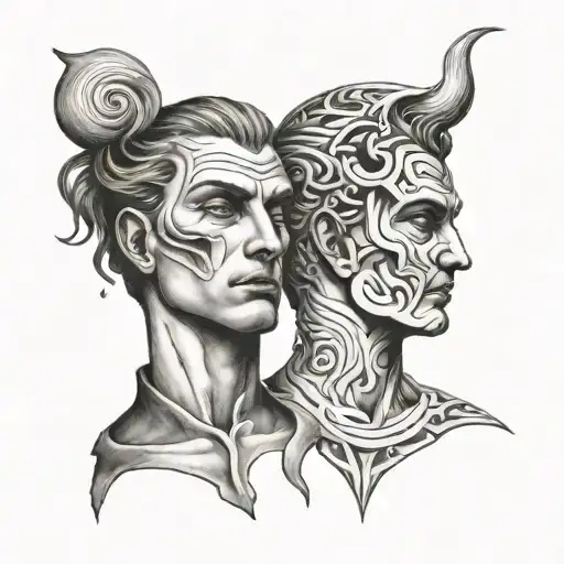 two men faces merged good verses evil gemini tattoo design idea