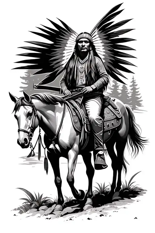 1920s American traditional style of a Native American on a horse with a bow tattoo design idea