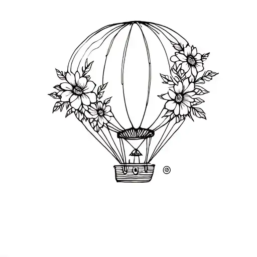 hot air balloon made with flowers fine line tattoo design idea