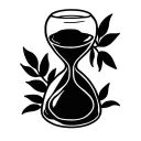 Design a minimalist black hourglass tattoo with fine, simple lines on a white background. All sand gathers at the center tattoo design idea