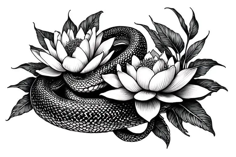 snake and flowers blooming lotus flower tattoo design idea