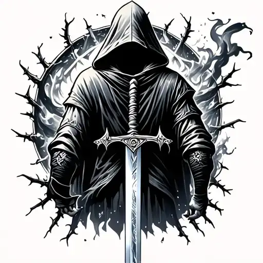 Dark fantasy full back tattoo. Hooded figure with sword, thin black lines, smoke and thorns, handwritten text, minimal,  tattoo design idea