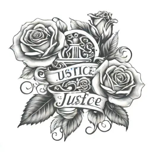 names "justice" and "luca" in beautiful script with roses tattoo design idea