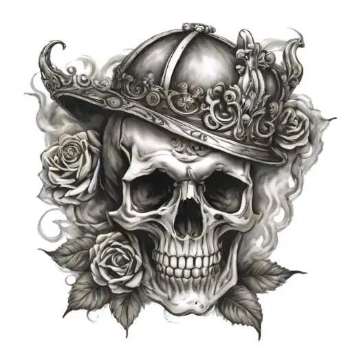 skull with a king crown and roses on fire and an aries on the clouds on arm tattoo design idea