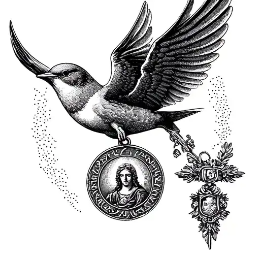 spread winged swallow and Saint Christopher medallion tattoo design idea