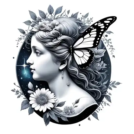 cameo, woman, galaxy and universe, flower, butterfly tattoo design idea