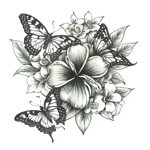 fine line tattoo with a cross and frangipani and a butterfly tattoo design idea