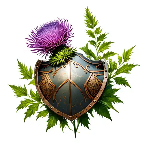Realistic shoulder tattoo in the shape of a pauldron intertwined with Scottish thistle and a purple flower. tattoo design idea