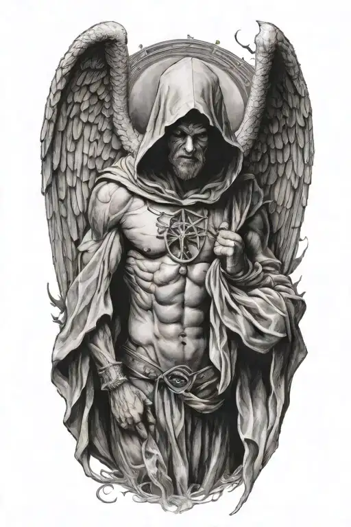 Hooded Angel defiting a devil tattoo design idea
