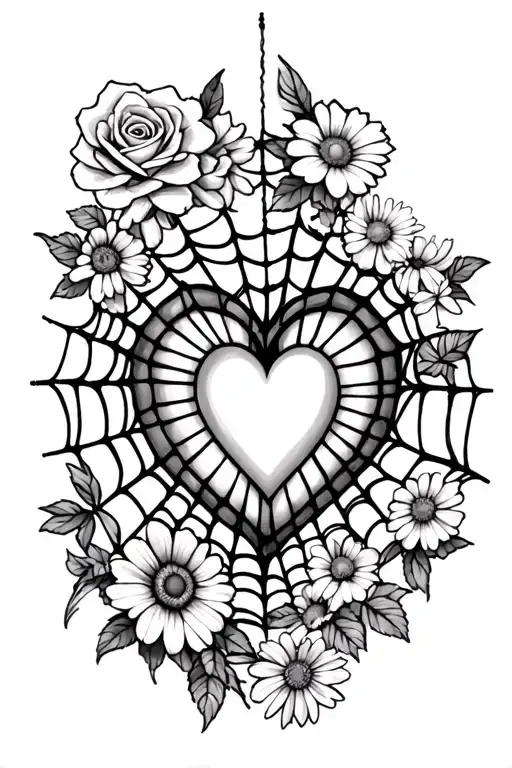 heart spider web with a heart in the middle and aspider,honeysuckle,roses,daisies  tattoo design idea