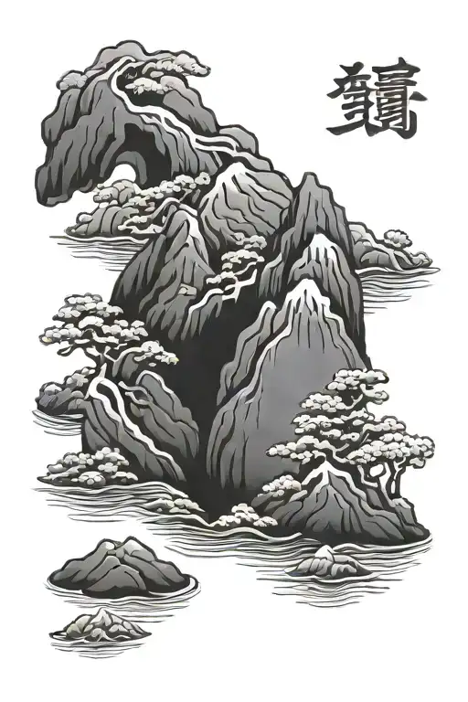 japanese omamori with mountain and river tattoo design idea