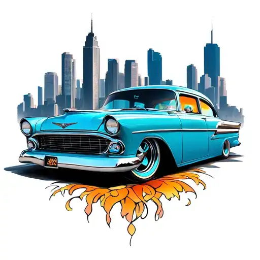 Lowrider in front of skyline tattoo design idea