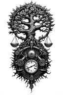 midevil tree of life, steampunk libra scale, old harley engine & time tattoo design idea
