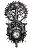 midevil tree of life, steampunk libra scale, old harley engine & time tattoo design idea