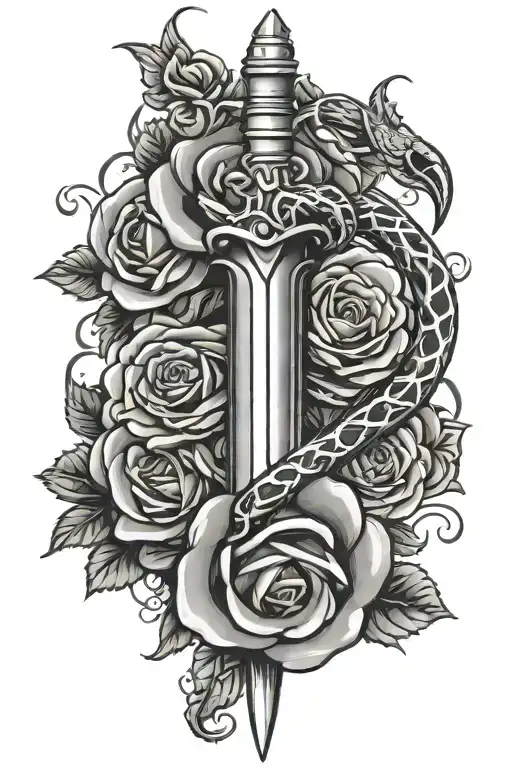dagger with a snake wrapped with roses background tattoo design idea