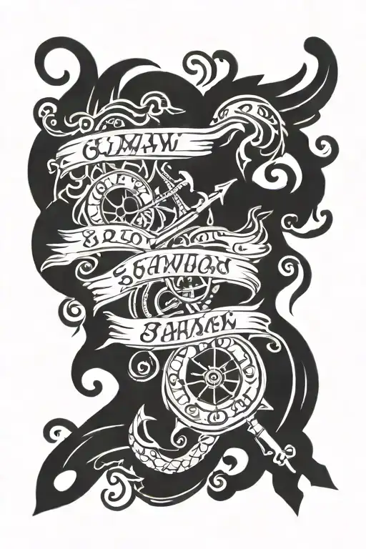 Full maritime arm tattoo with the names Liam, Landon and roan written in cursive with my wife’s name Savannah  tattoo design idea