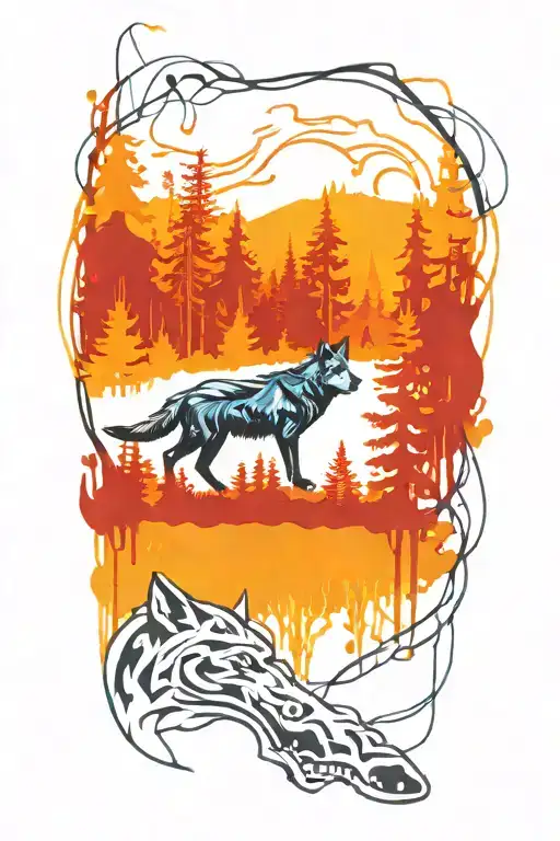 wolf blue eyes forest landscape tattoo design idea