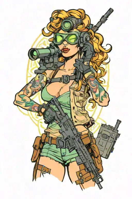 Pin up girl, ar15, night vision goggles tattoo design idea