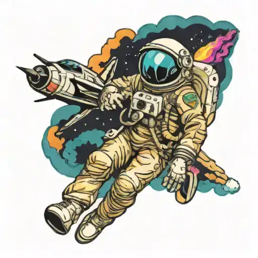 astronaut in space with fighter jets leaving colorful smoke tattoo design idea